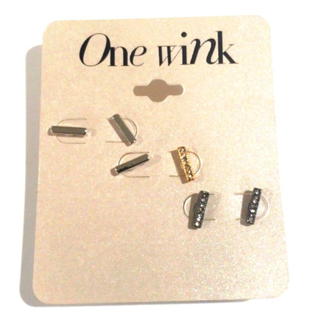 One Wink Bar Stud Earrings Set - Gold, Silver, Gunmetal Elegant Women's Jewelry